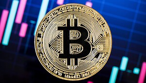Eine Bitcoin-Münze vor einem Kurschart.