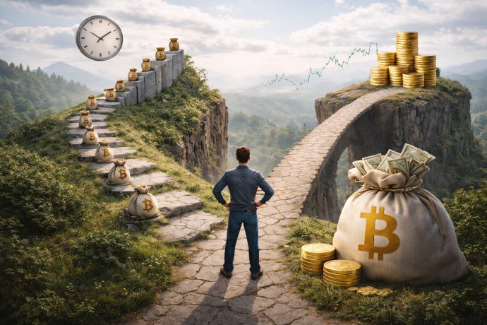 Die Grafik zeigt einen Mann neben einem Bitcoin-Sack