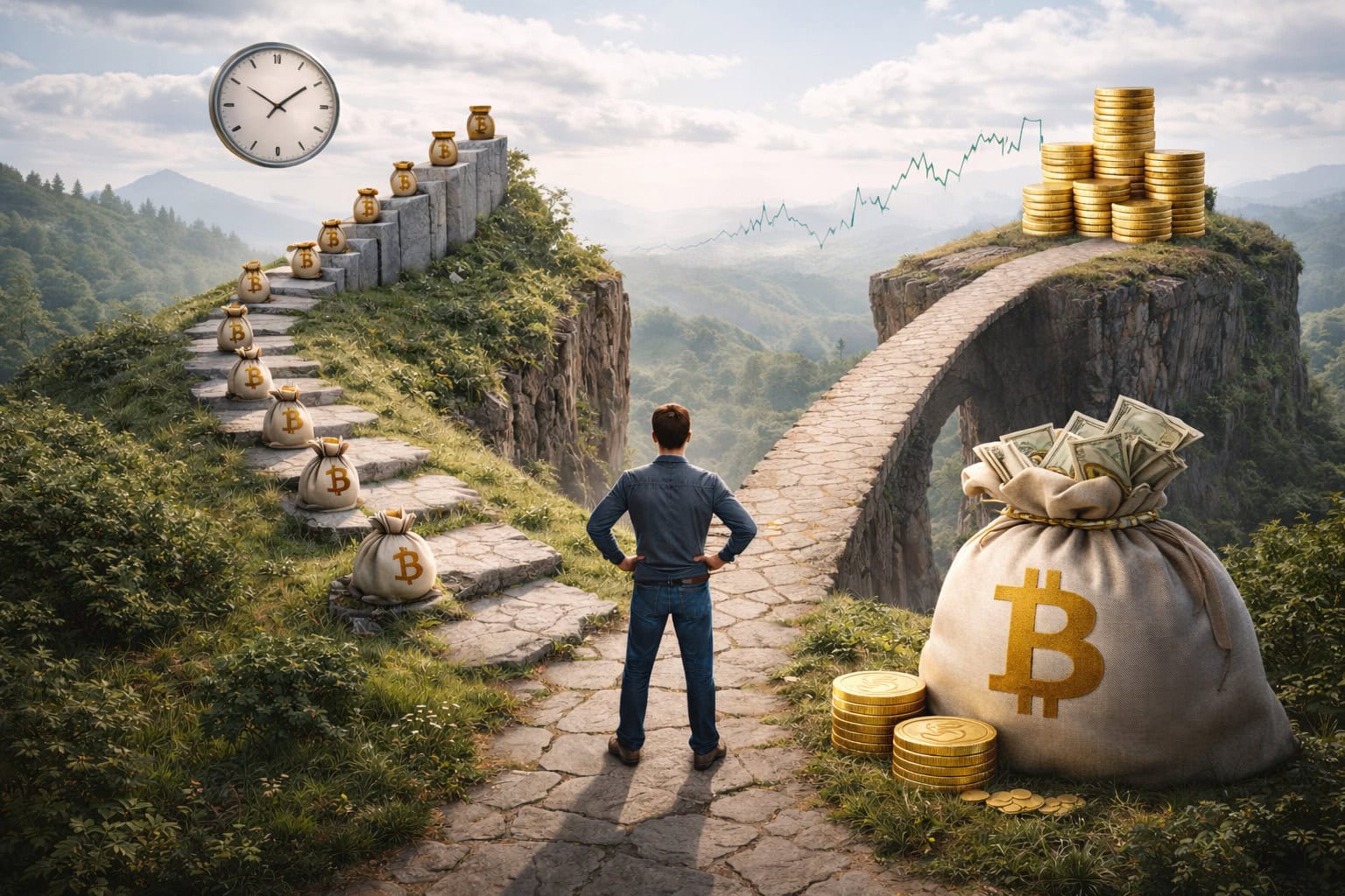 Die Grafik zeigt einen Mann neben einem Bitcoin-Sack