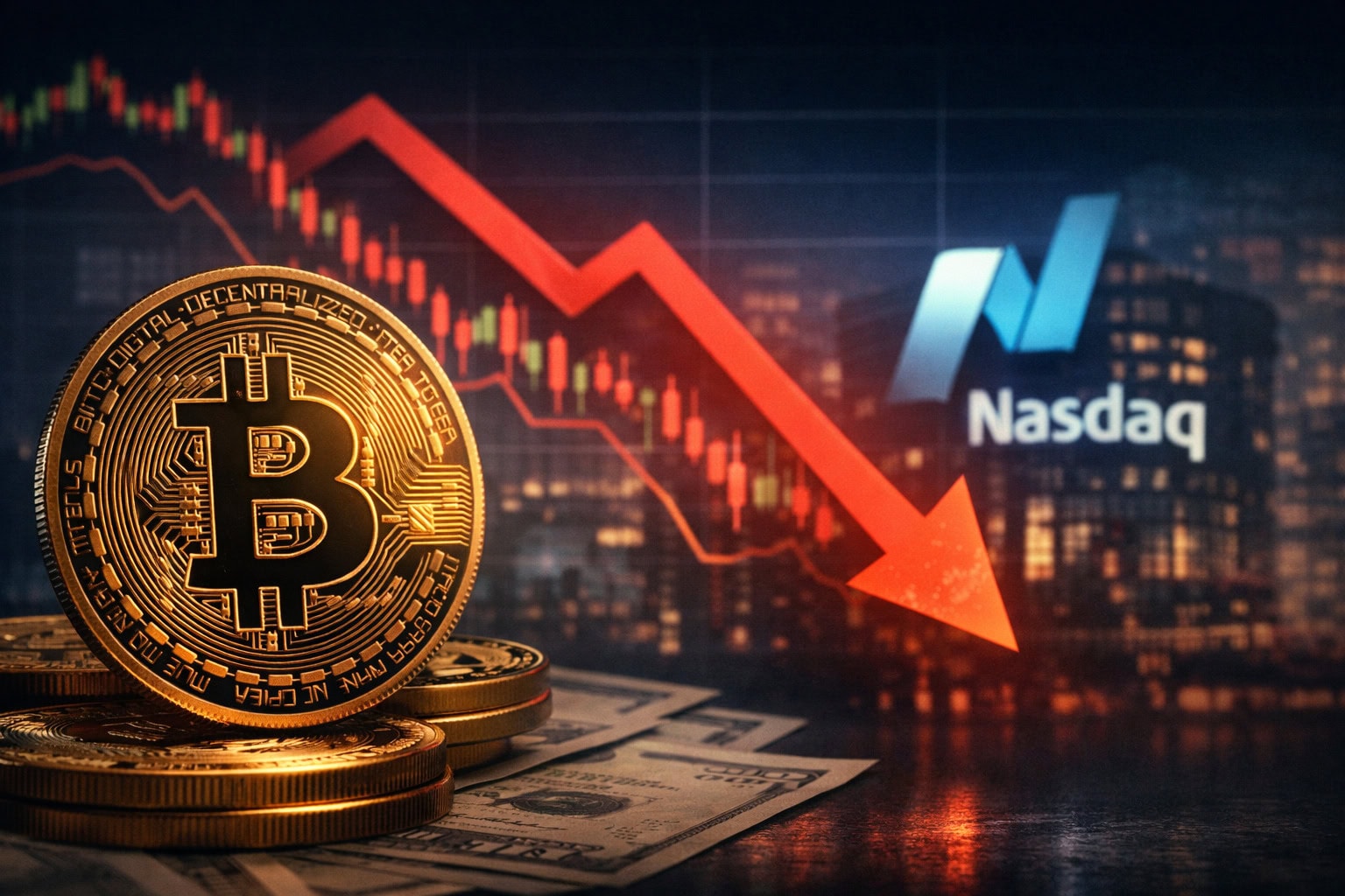 US-Dollar-Symbol, steigenden Rendite- und Zinskurven sowie fallender BTC-Kurslinie vor dunklem Finanzmarkt-Hintergrund