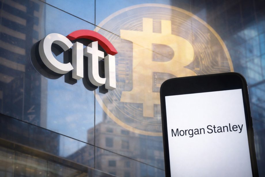 Das Logo der Citi Bank neben einer Bitcoin Münze und einem Smartphone auf dem Morgan Stanley steht.