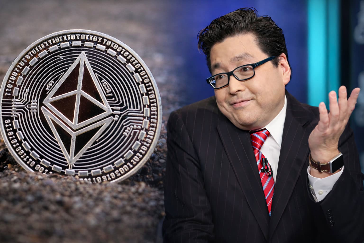 Tom Lee ist neben einer Ethereum-Münze zu sehen.