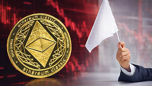 Links eine Ethereum-Münze vor einem fallenden roten Chart. Rechts hisst ein Arm eine weiße Flagge.