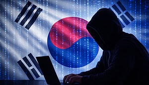 Bitcoin Hack Südkorea: Vermummter Hacker am Laptop vor Südkorea-Flagge mit Binärcode-Hintergrund