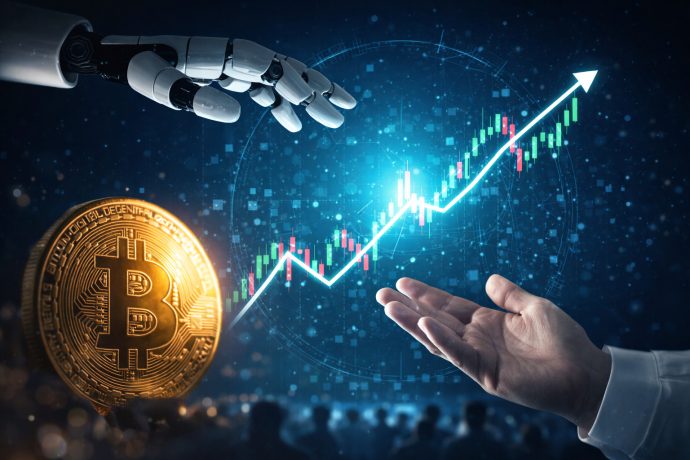Bitcoin-Zyklus mit KI-Agenten: Roboterhand und menschliche Hand vor Kurschart und Bitcoin-Münze