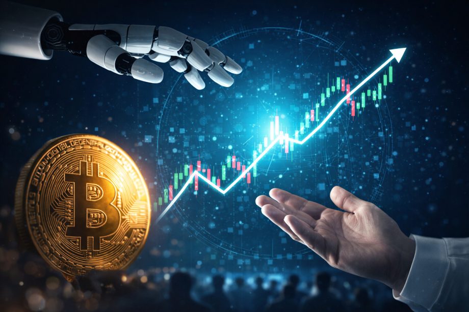 Bitcoin-Zyklus mit KI-Agenten: Roboterhand und menschliche Hand vor Kurschart und Bitcoin-Münze
