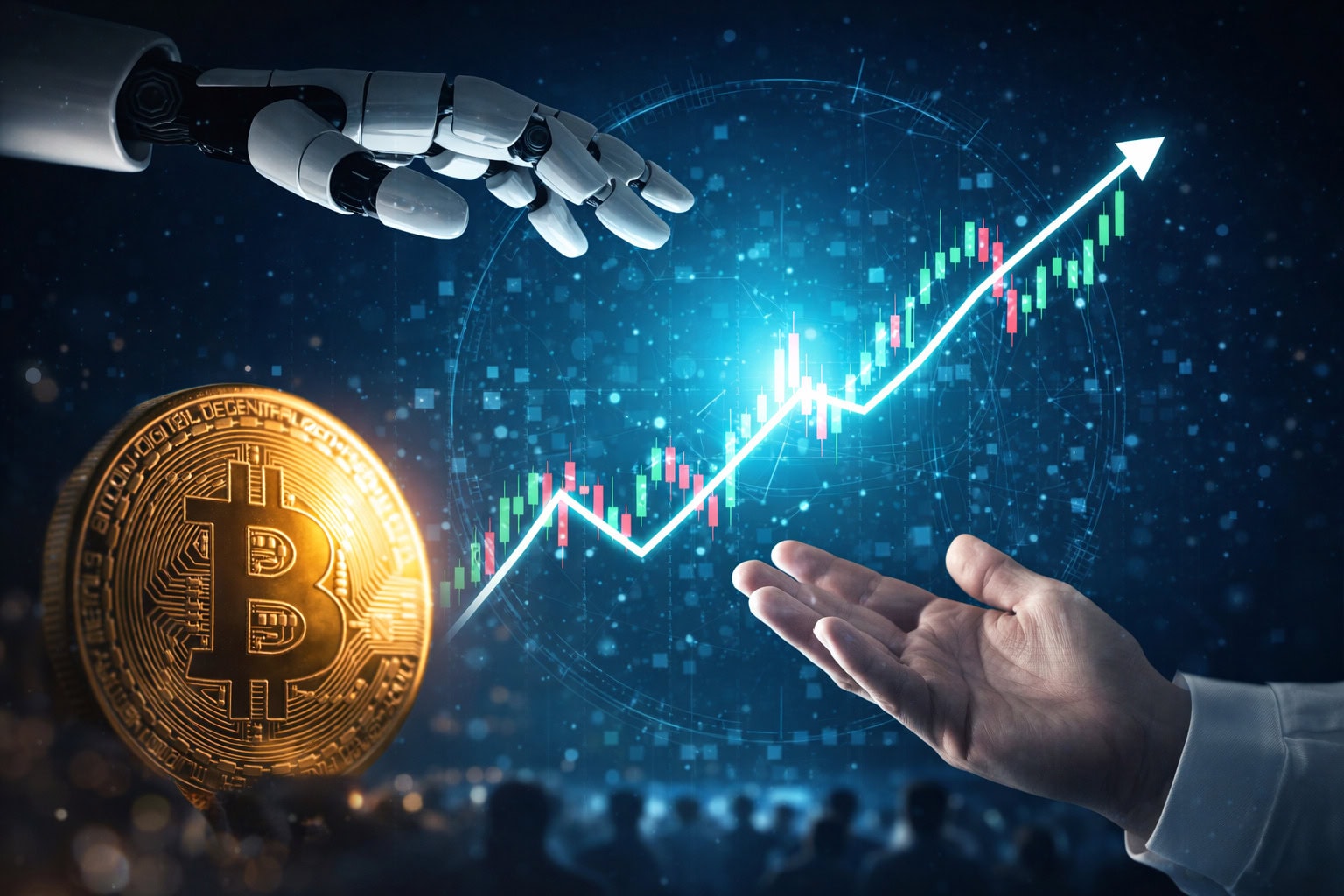 Bitcoin-Zyklus mit KI-Agenten: Roboterhand und menschliche Hand vor Kurschart und Bitcoin-Münze