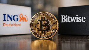 Das Bild zeigt eine Bitcoin-Münze vor den Logos von ING und Bitwise