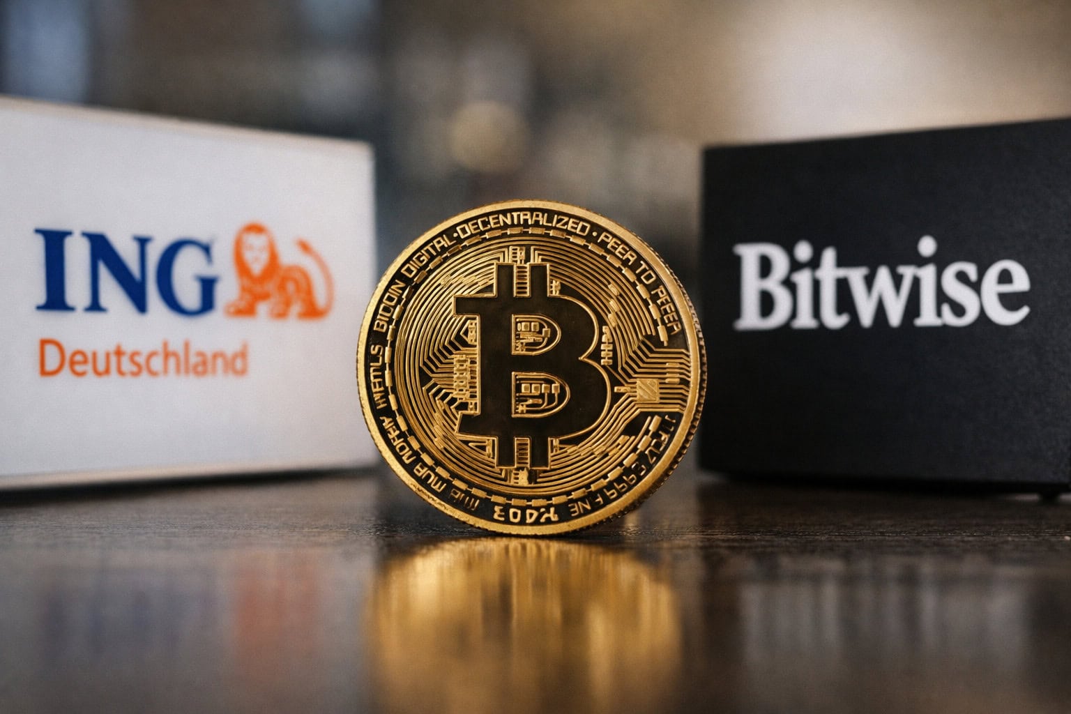 Das Bild zeigt eine Bitcoin-Münze vor den Logos von ING und Bitwise