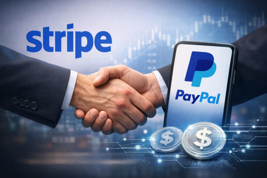 Stripe PayPal Übernahmegerücht: Handschlag vor Stripe-Schriftzug, PayPal-App auf Smartphone und Finanzchart im Hintergrund