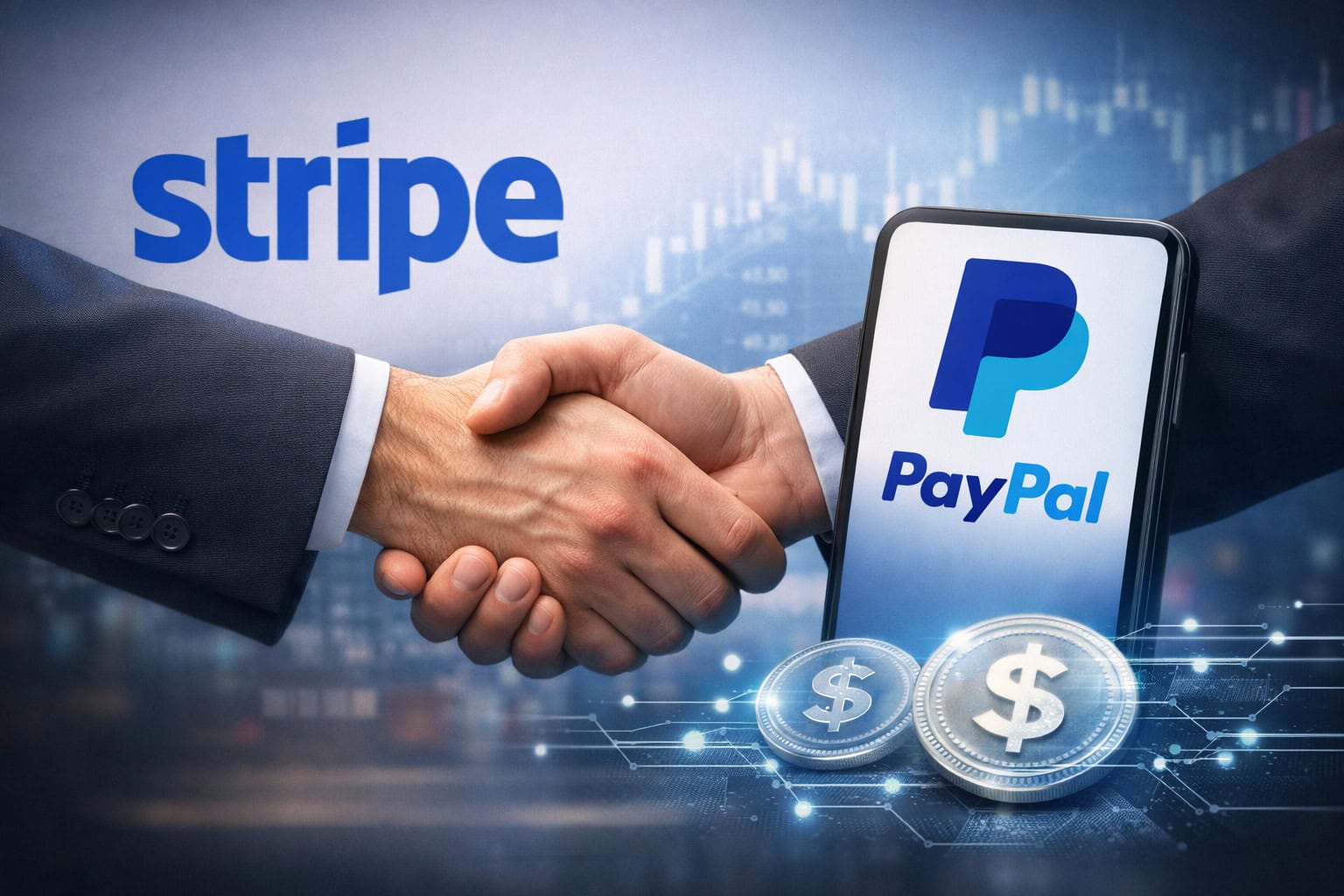 Stripe PayPal Übernahmegerücht: Handschlag vor Stripe-Schriftzug, PayPal-App auf Smartphone und Finanzchart im Hintergrund