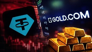 Das Bild zeigt das Logo von Tether neben dem der Gold-Plattform Gold.com. Darunter sind Goldbarren abgebildet