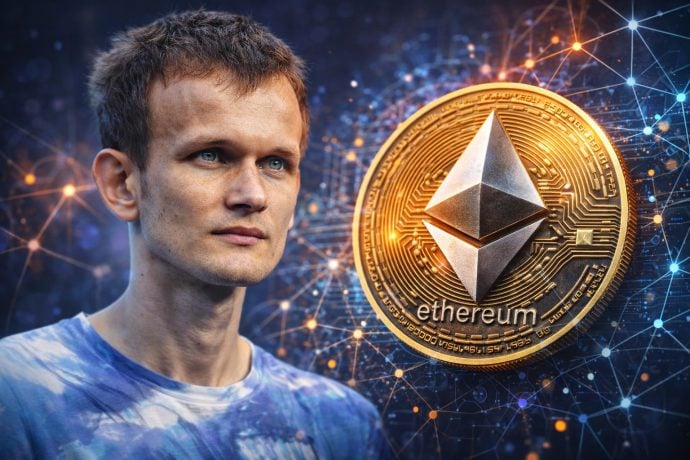 Ethereum und Vitalik Buterin vor digitalem Netzwerkhintergrund, daneben eine große Ethereum-Münze