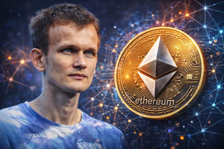 Ethereum und Vitalik Buterin vor digitalem Netzwerkhintergrund, daneben eine große Ethereum-Münze