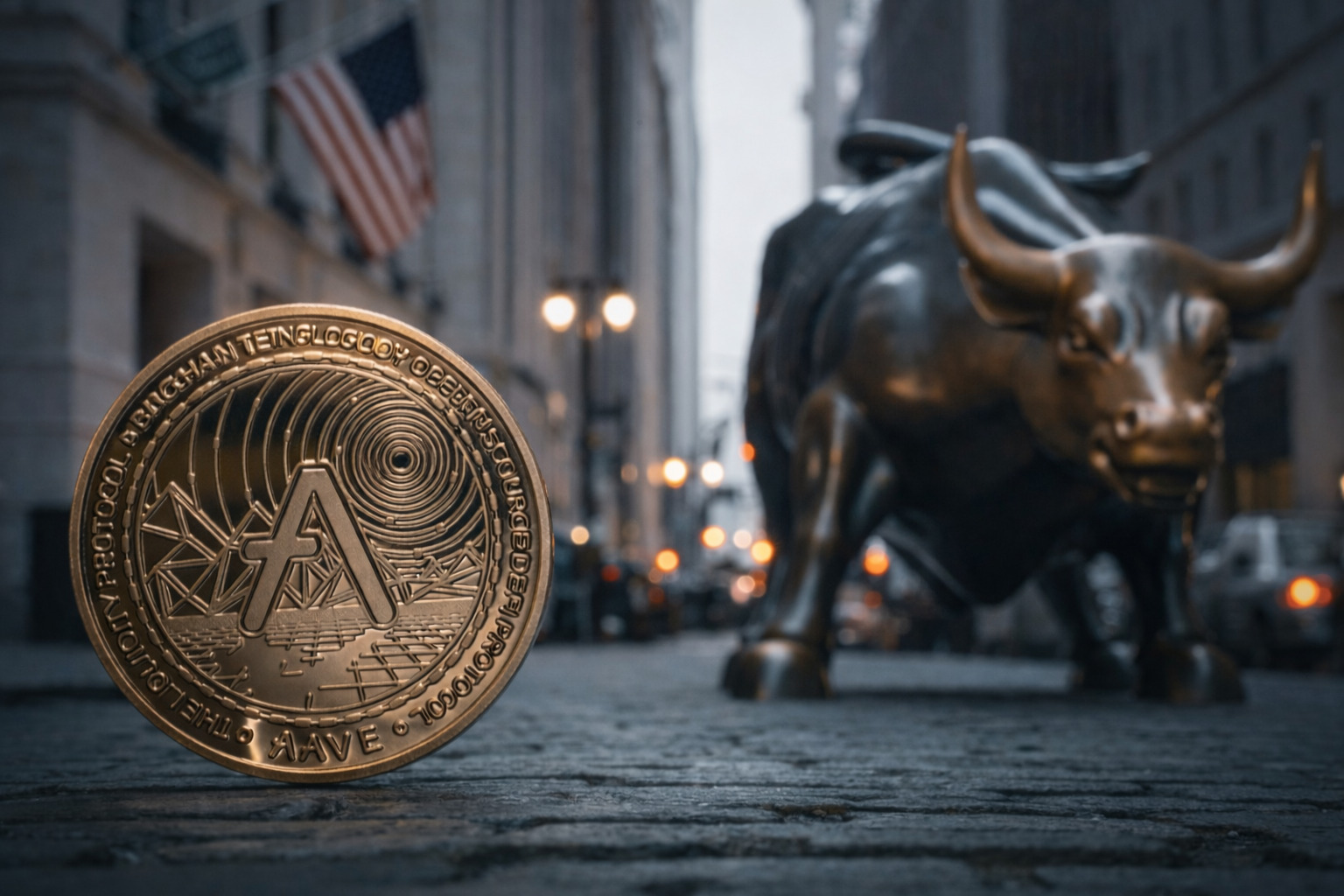 Eine Aave-Münze ist neben einem Bukllen auf den Straßen New Yorks zu sehen