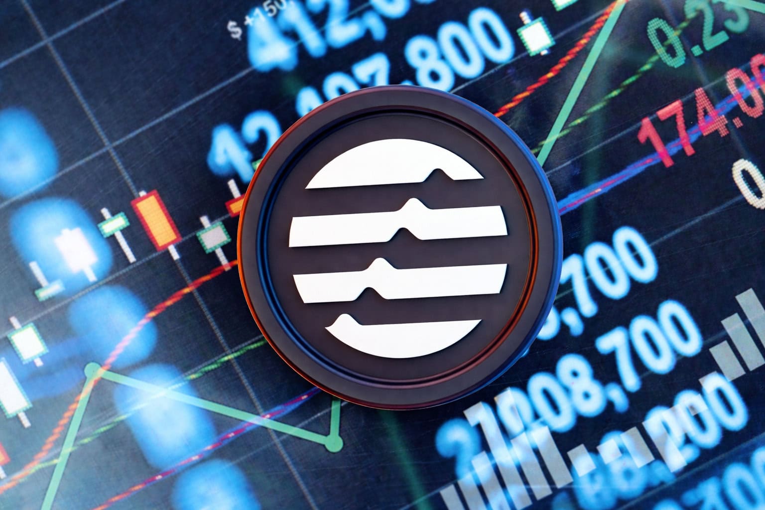 Eine Aptos-Münze vor einem Chart als Hintergrund