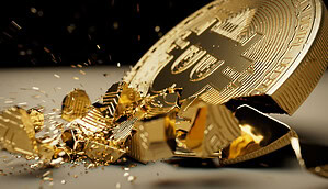 Eine Bitcoin-Münze fällt auf den Boden und zersplittert in mehrere Teile