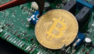 Bitcoin-Münze liegt neben Spitzhacke auf Computer-Motherboard