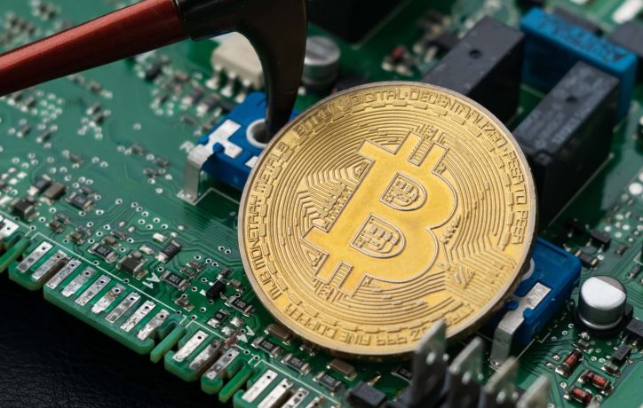 Bitcoin-Mining gleicht für Solo-Miner einer aussichtlosen Lotterie Bitcoin-Münze liegt neben Spitzhacke auf Computer-Motherboard