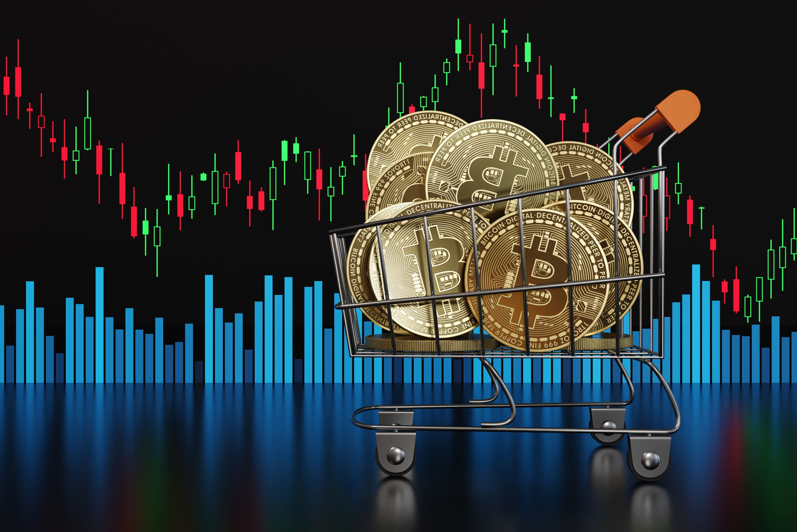 Bitcoin-Münze in Einkaufswagen vor Chartbild