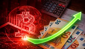 Bitcoin-Symbol in rot vor Euroscheinen und Taschenrechner sowie einem grünen Pfeil, der die Steuersparchancen anzeigt