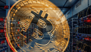 Eine leicht transparente Bitcoin Münze vor einem Hintegrund einer Mining-Farm