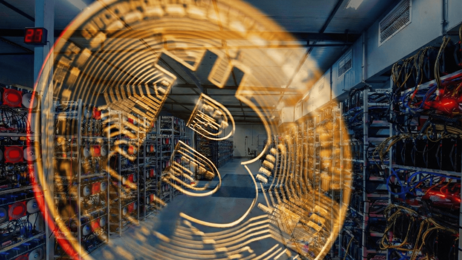 Eine leicht transparente Bitcoin Münze vor einem Hintegrund einer Mining-Farm