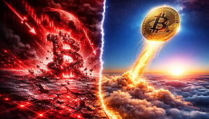 Bitcoin mit rotem Hintergrund und mit Rakete