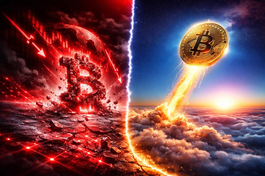 Bitcoin mit rotem Hintergrund und mit Rakete