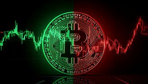 Eine Bitcoin-Münze, über die ein grün/rot gefärbter Kursverlauf gelegt ist