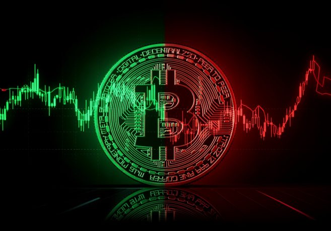 Eine Bitcoin-Münze, über die ein grün/rot gefärbter Kursverlauf gelegt ist