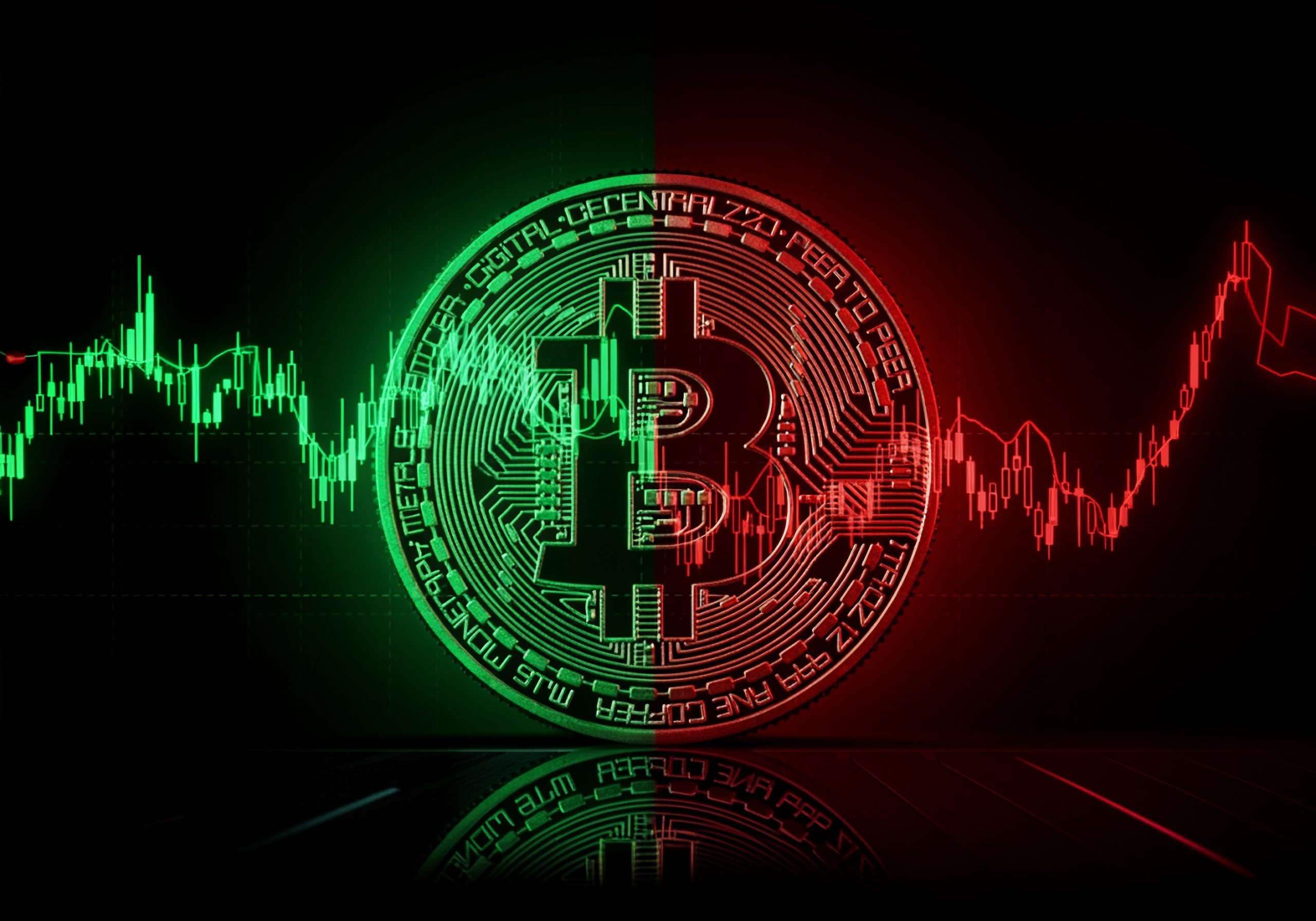 Eine Bitcoin-Münze, über die ein grün/rot gefärbter Kursverlauf gelegt ist