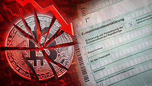 Zerbrechende Bitcoin-Münze und Einkommensteuererklärung