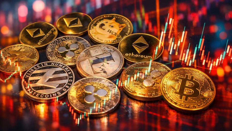 Diverse Krypto-Token auf einem Hintergrund mit Finanzchart-Motiven