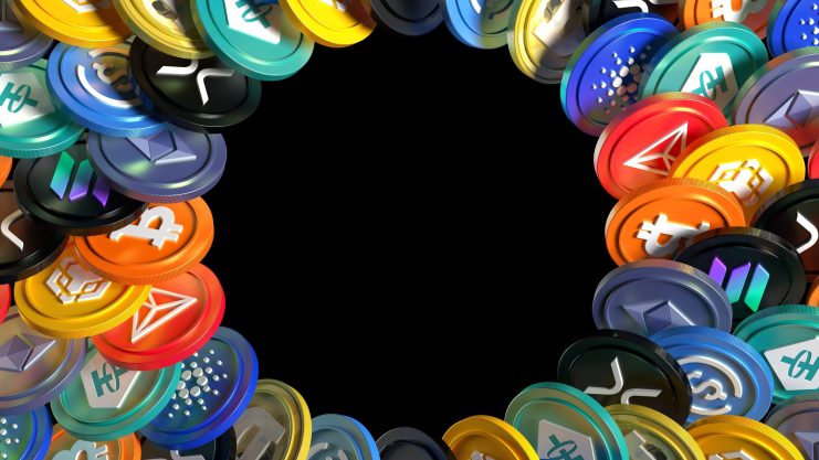 Kreisförmifg angeordnete Krypto-Token auf einem schwarzen Hintergrund