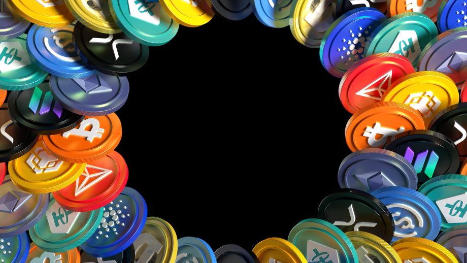 Kreisförmifg angeordnete Krypto-Token auf einem schwarzen Hintergrund