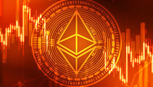 Ein Ethereum-Logo leuchtet über einem digitalen Binärcode und fluktuierenden Börsenkurven.