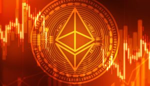 Ein Ethereum-Logo leuchtet über einem digitalen Binärcode und fluktuierenden Börsenkurven.