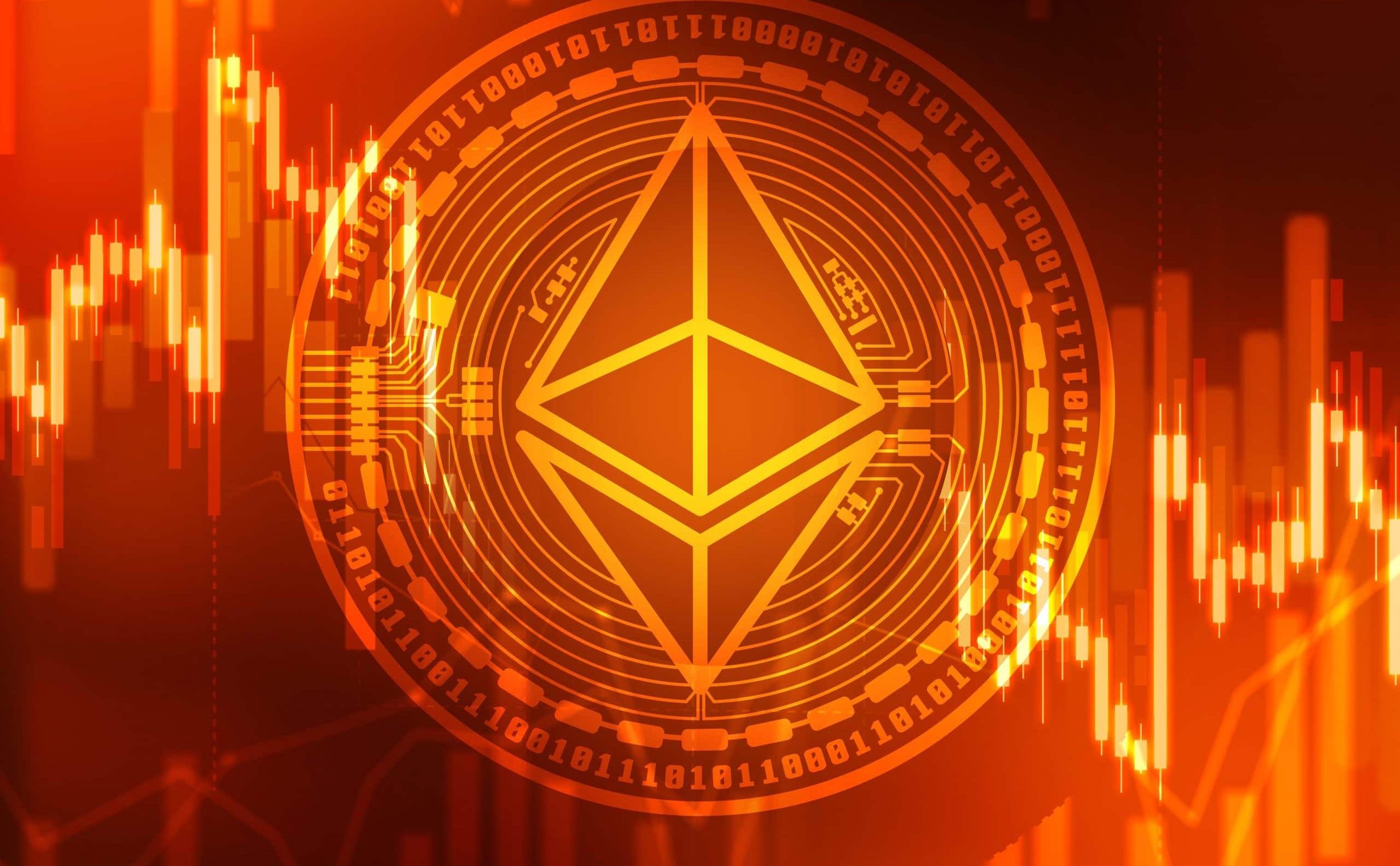 Ein Ethereum-Logo leuchtet über einem digitalen Binärcode und fluktuierenden Börsenkurven.