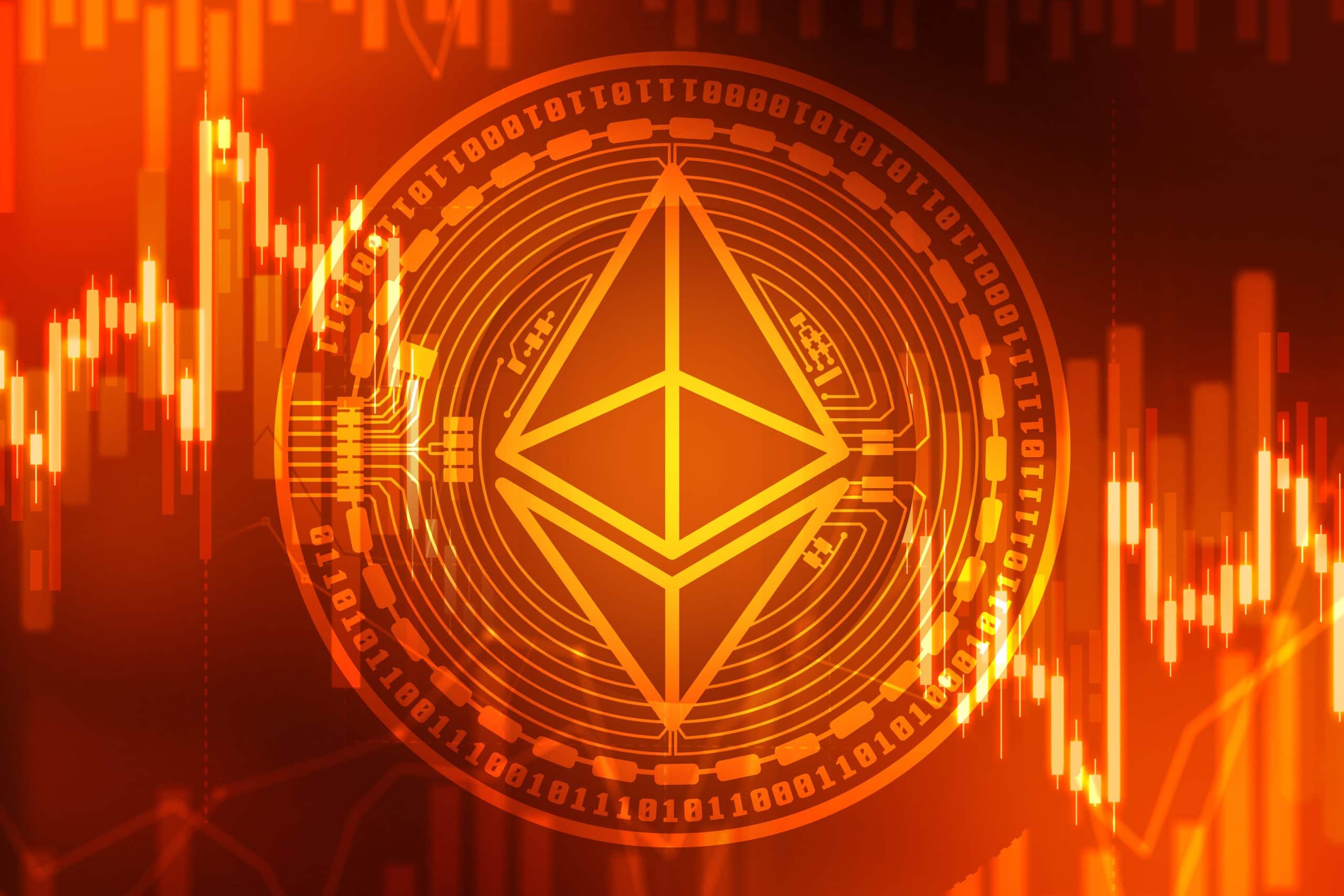 Ein Ethereum-Logo leuchtet über einem digitalen Binärcode und fluktuierenden Börsenkurven.