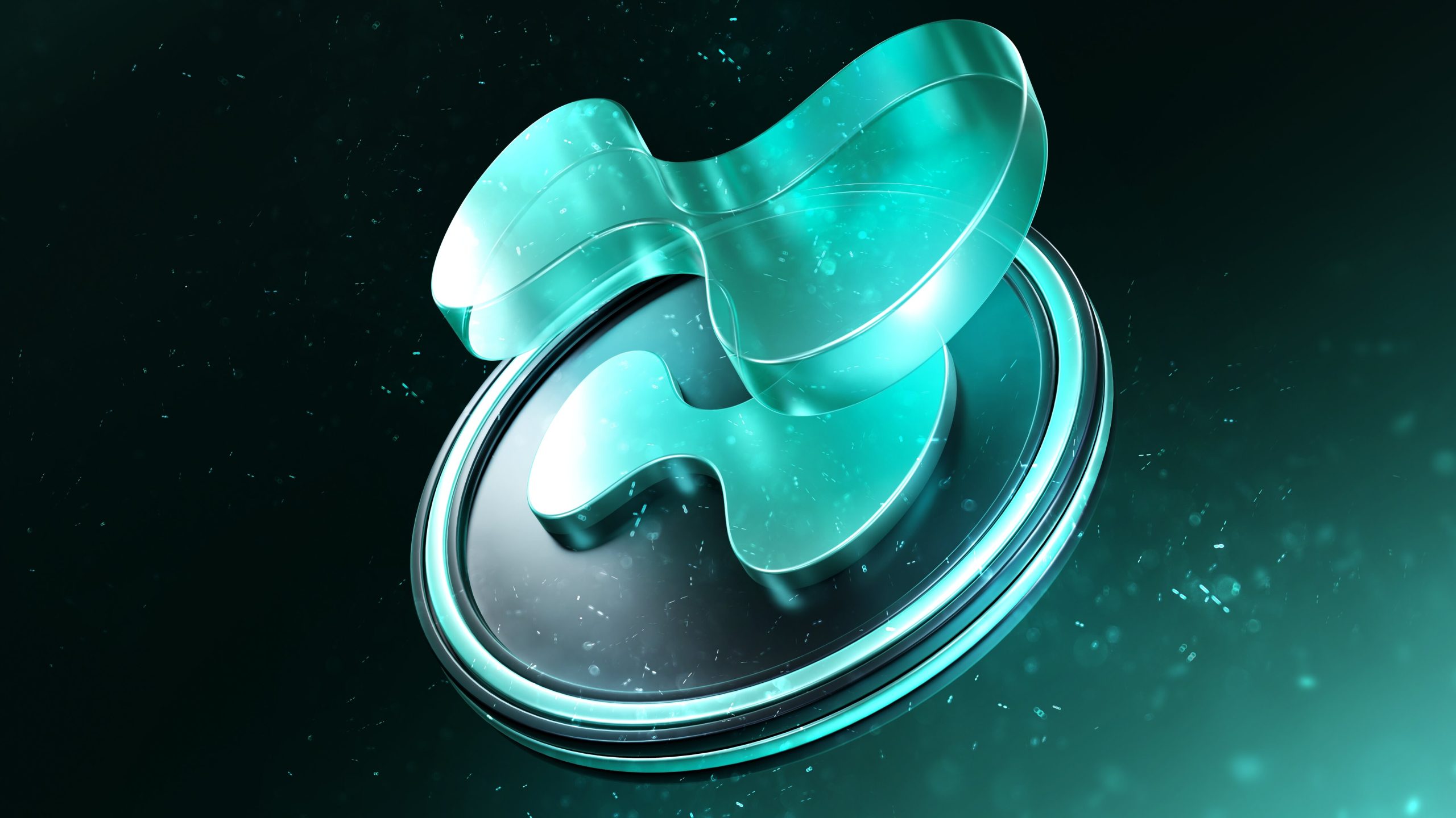Eine glänzende, durchscheinende abstrakte Form, die an ein stilisiertes H oder ein Band erinnert, sitzt auf einer kreisförmigen, metallischen Plattform mit einem tealfarbenen Hyperliquid-Glühen vor einem dunklen Hintergrund.