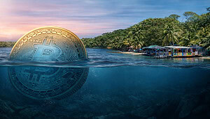 Große halb versunkene Bitcoin-Münze im Ozean neben einer tropischen Insel mit Palmen und bunten Strandhäusern bei Sonnenuntergang.