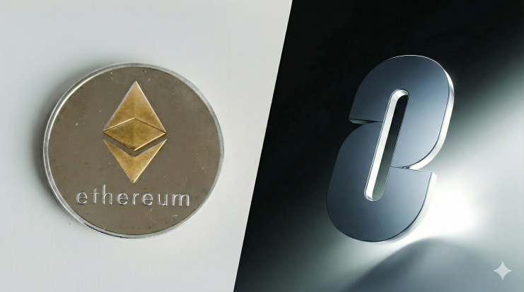 Eine Gegenüberstellung zweier Logos, Ethereum und LayerZero, jeweils in hell und dunkel