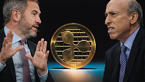 Zwei Männer in Anzügen stehen sich gegenüber und diskutieren angespannt, während in der Mitte eine goldene XRP-Münze vor dunklem Hintergrund prominent und vollständig sichtbar ist.