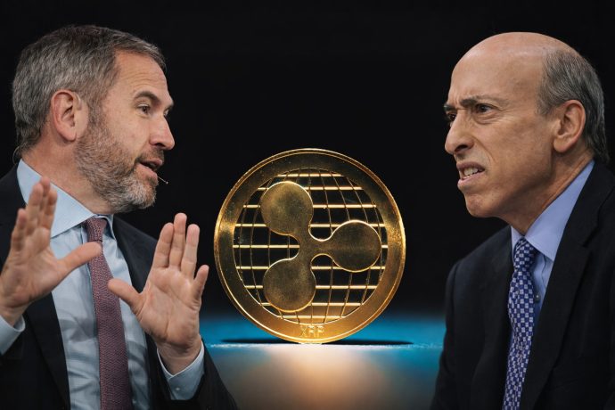 Zwei Männer in Anzügen stehen sich gegenüber und diskutieren angespannt, während in der Mitte eine goldene XRP-Münze vor dunklem Hintergrund prominent und vollständig sichtbar ist.