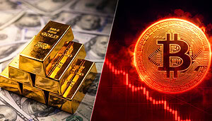 Links Goldbarren zu sehen, rechts ist ein abstürzender Bitcoin zu sehen