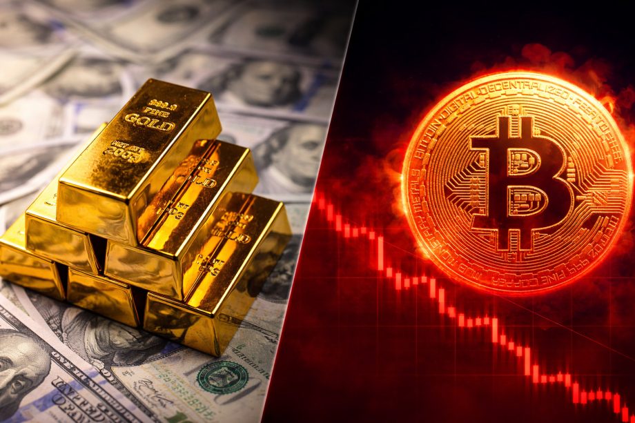 Links Goldbarren zu sehen, rechts ist ein abstürzender Bitcoin zu sehen