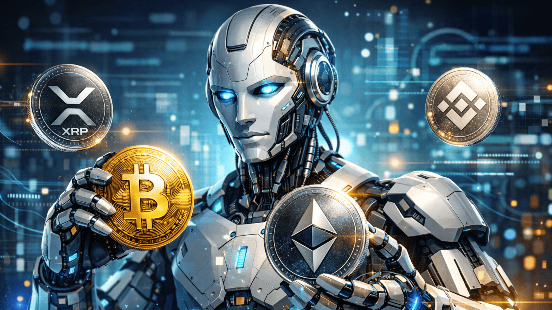 Ein Roboter spielt mit verschiedenen Krypto-Münzen herum, darunter Bitcoin und Ethereum