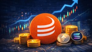 Maple-Finance-Logo vor Chartbild, daneben liegen Bitcoin-, Ethereum- und Solana-Münzen