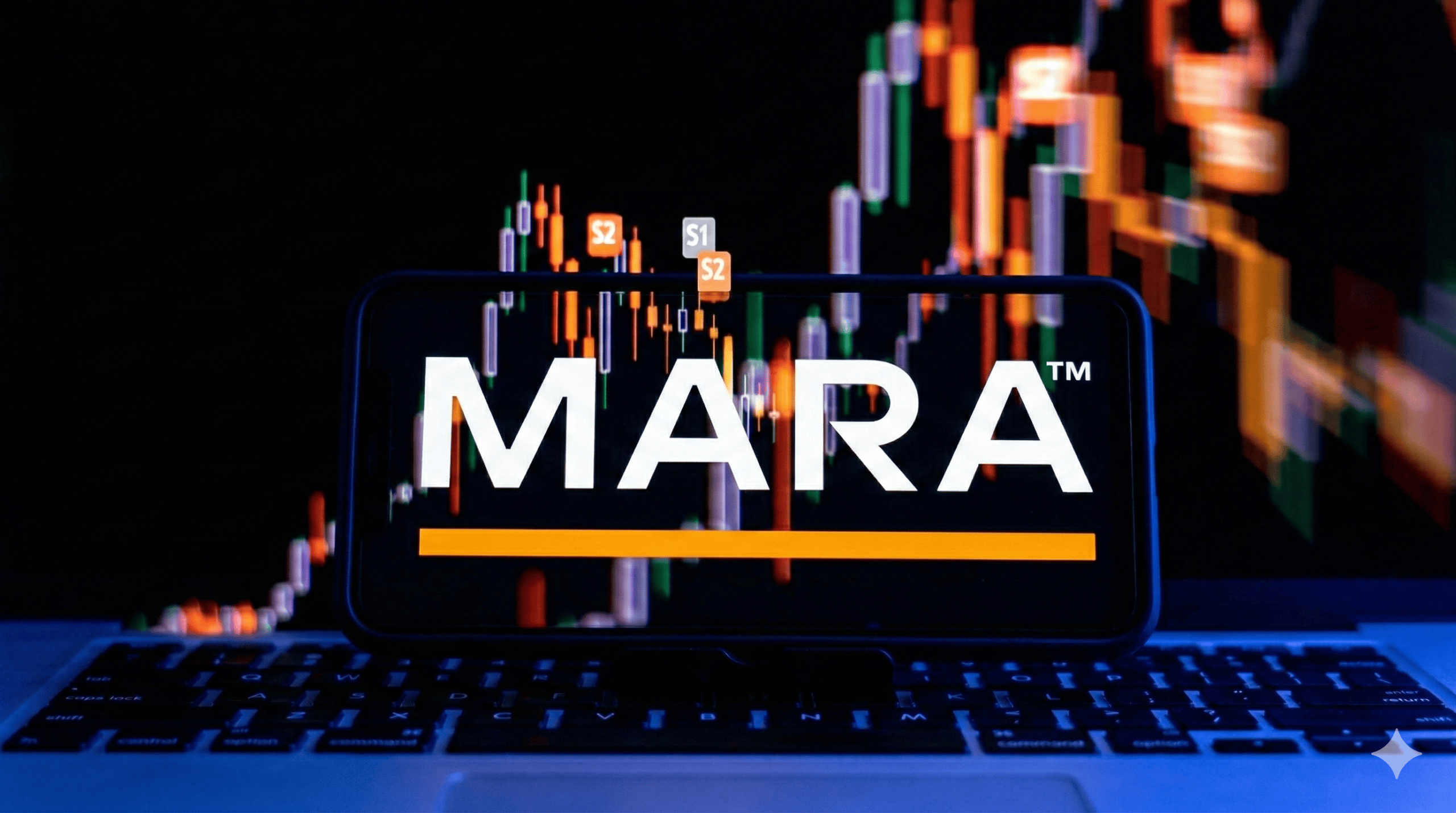 Das MARA-Logo vor einem Aktien-Chart